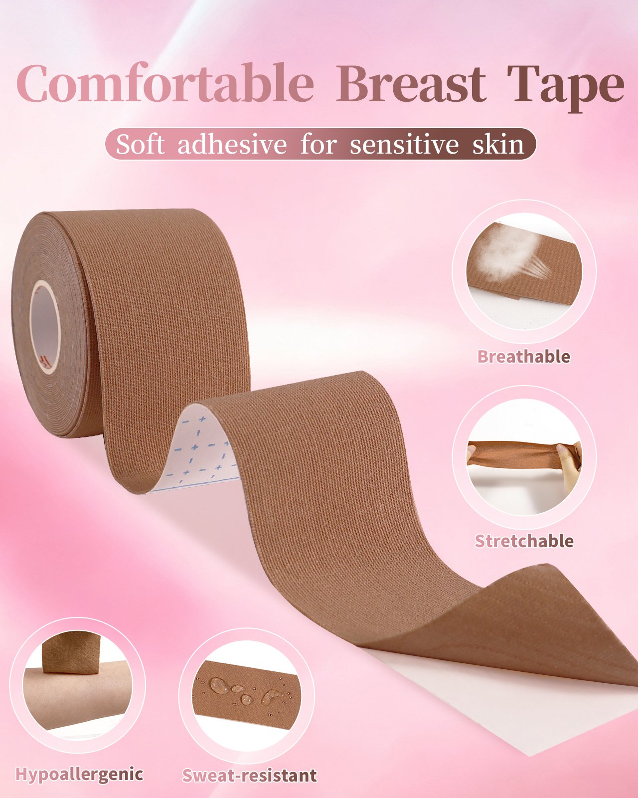Comforatble Breast Tape - light brown Boob Tape Set for Large Breasts A-G Cup, 2 Rolls 5M Stretchable Self-Adhesive Boob tape for Breast Lift & Support - Image 7
