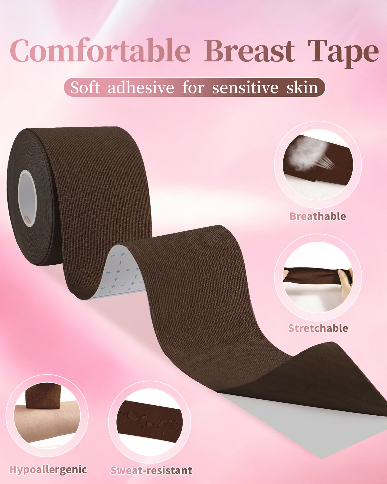Comfortable Breast Tape - dark brown Boob Tape Set for Large Breasts A-G Cup, 2 Rolls 5M Stretchable Self-Adhesive Boob tape for Breast Lift & Support - Image 5